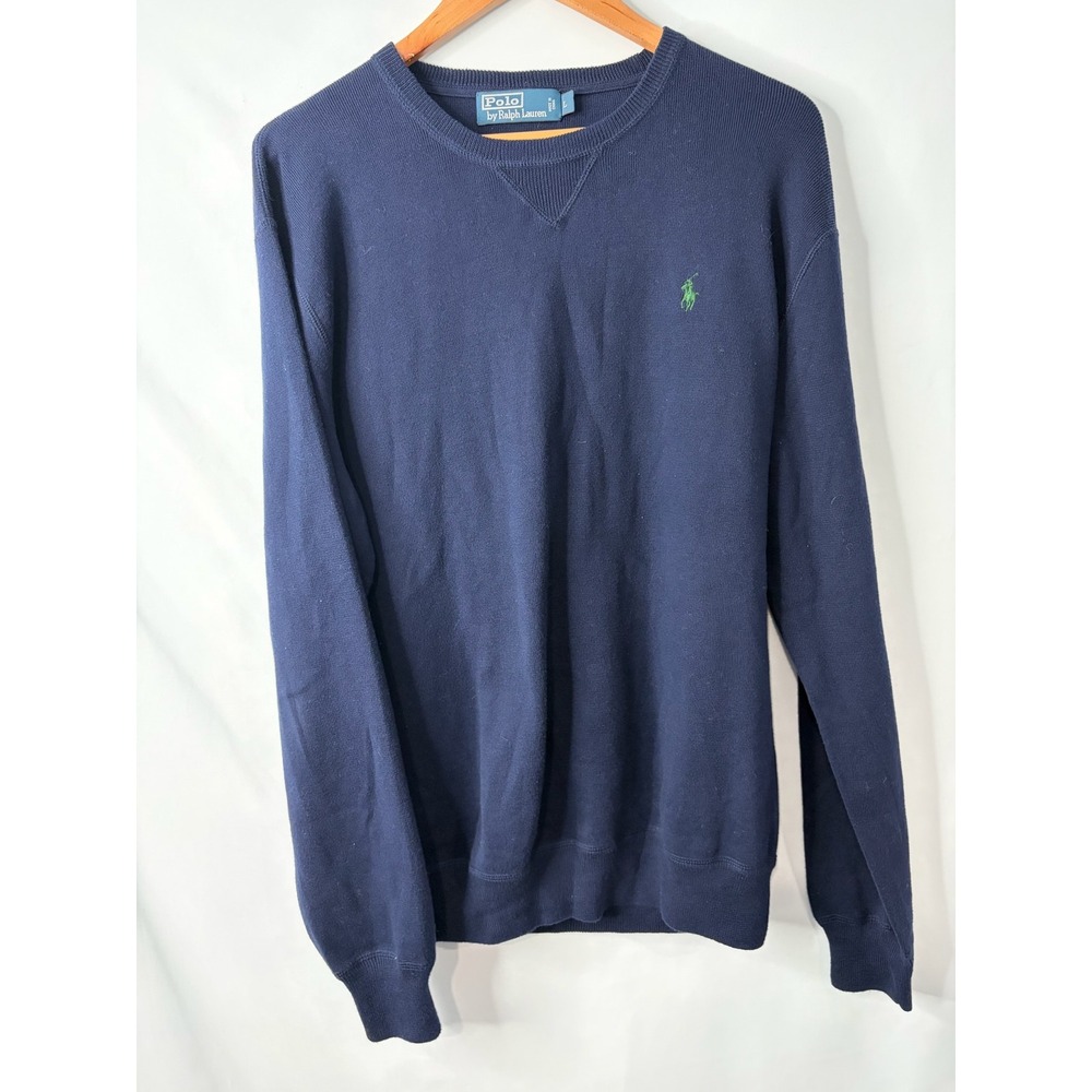 Polo Ralph Lauren Mens Navy Blue 100% Cotton Crewneck Sweater Green Pony Large
